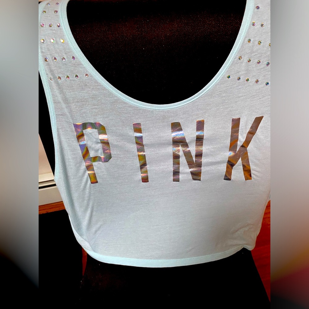 PINK | Blue-Green | Tank Top| Size M|Rhinestones Shoulder| Lame Logo| Loose Fit